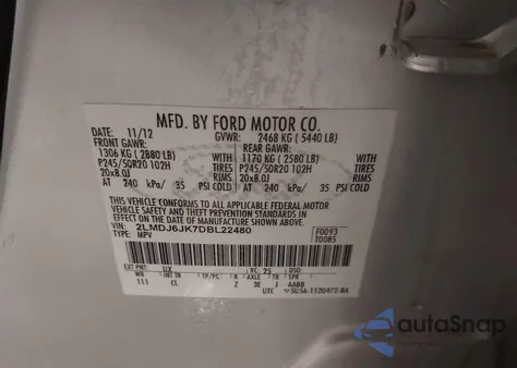 2013 Lincoln Mkx z USA, uszkodzony, nr VIN 2LMDJ6JK7DBL22480